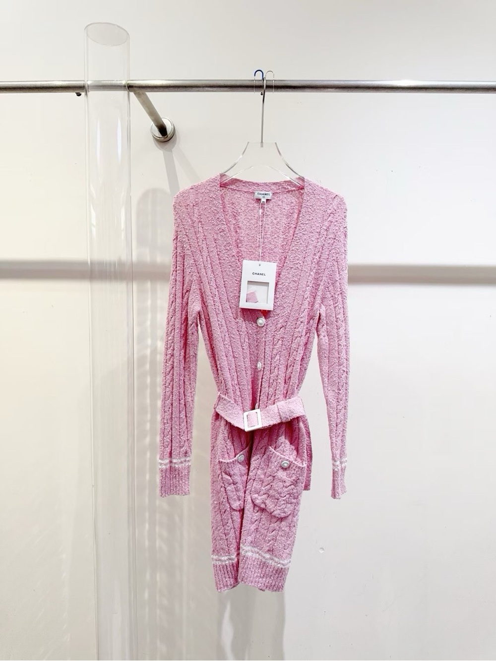 CHANEL Light Pink Cable-Knit Belted Cardigan
